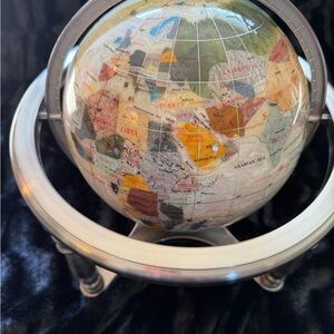 Decorative Mother of Pearl Gemstone Globe w/ Silver Leg Stand & Compass